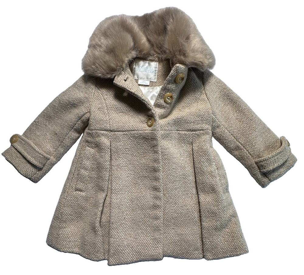 Edgehill Collection Girls 18M Wool Blend Peacoat Beige Faux Fur Collar NWOT